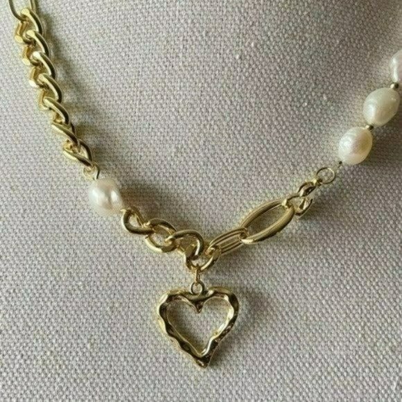 Gold Plated Cultured Freshwater Pearl Beaded Heart Pendant Necklace 17in‎ - Picture 5 of 9